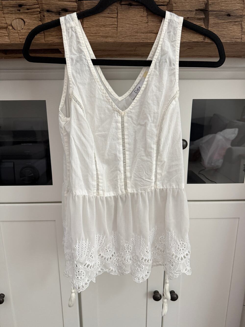Dex White Boho Eyelet Lace Tank Top Tassel Tie Sides Flowy Cottagecore